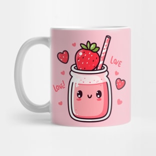 Strawberry Milkshake Drink with Strawberries and Hearts in Kawaii Style | Cutesy Kawaii Mug